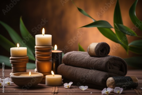 Cloths and candles for spa massage and body care Decorated with candles  spa stones