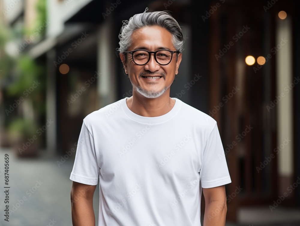 Fototapeta premium Healthy senior asian man wearing blank empty white t-shirt mockup for design template