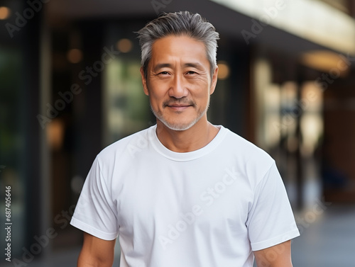 Healthy senior asian man wearing blank empty white t-shirt mockup for design template