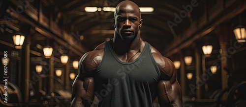 An African American bodybuilder showcases his strong muscles in a gym with a dark atmosphere.