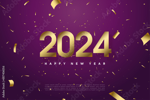 2024 new year celebration with flat golden paper numerals. design premium vector.