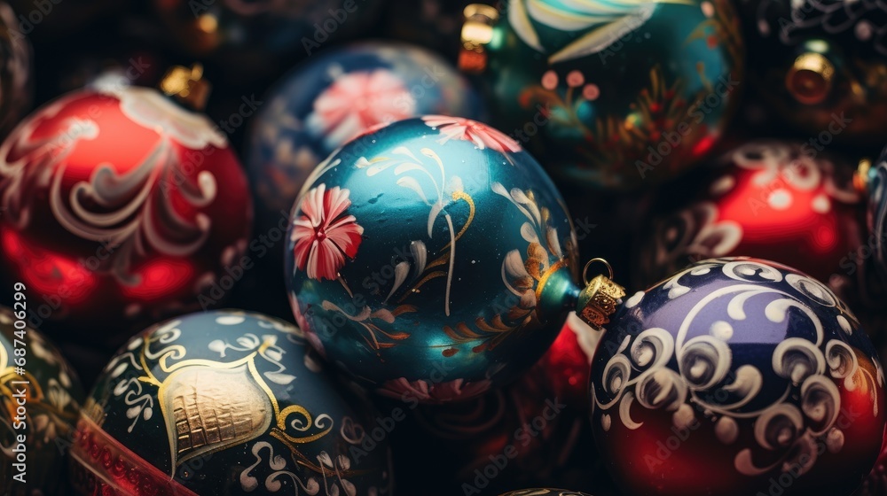 Background of Christmas balls in red, blue, with drawings. Luxurious, beautiful jewelry. Festive atmosphere. Background of Christmas balls in red, blue, with drawings. Luxurious, beautiful jewelry. Festive atmosphere.