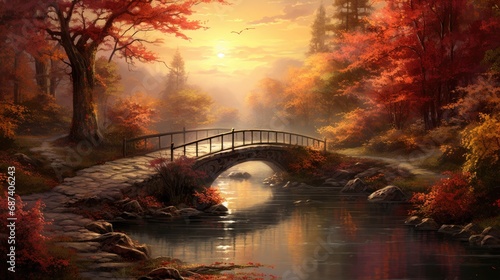 Autumn lake bridge scene. Generative AI
