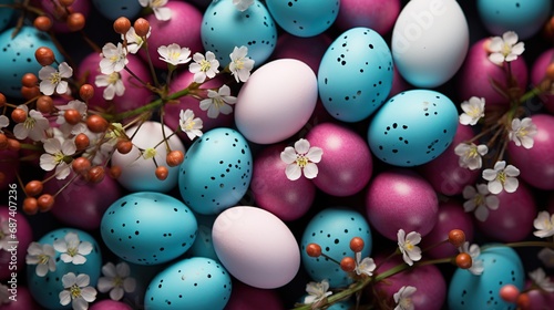 Colorful easter eggs on spring background. Generative AI