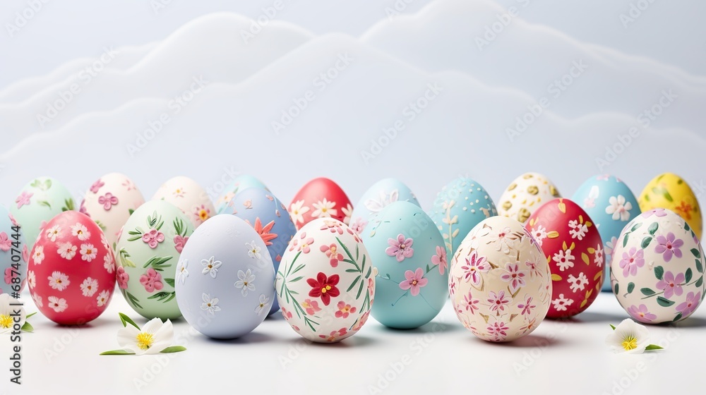 Fototapeta premium Colorful easter eggs with pattern,spring flowers, Generative AI