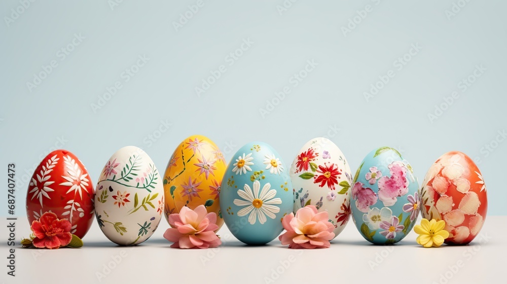 Colorful easter eggs with pattern,spring flowers, Generative AI Colorful easter eggs with pattern,spring flowers, Generative AI