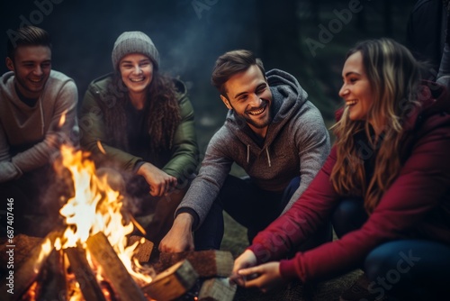 a group of cheerful young students friend sitting around a camp fire camping in the forest, having fun outdoors
