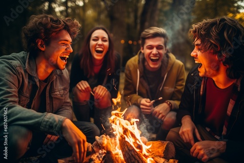 a group of cheerful young students friend sitting around a camp fire camping in the forest  having fun outdoors