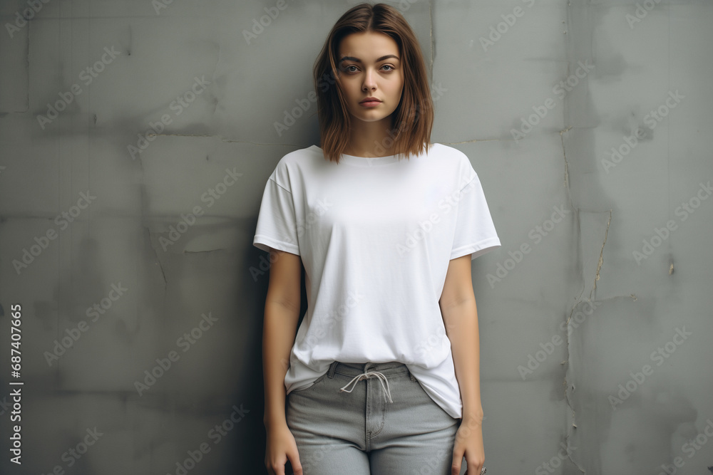 Portrait of confident young woman wearing white blank t-shirt, Mockup shirt for design. Portrait of confident young woman wearing white blank t-shirt, Mockup shirt for design.