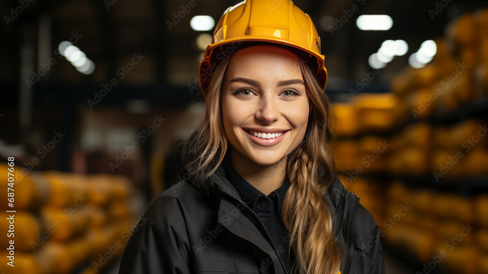 Young woman as apprentice in training in logistics profession with safety helmet - obrazy, fototapety, plakaty 