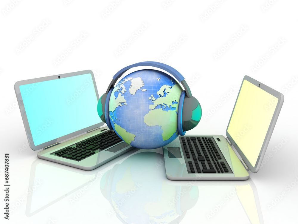 3D illustration headphones connected globe with computer network