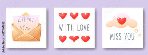 Square templates for Valentine's Day. Post on social networks. Greeting card, valentine. Love text, pink hearts, love letter in envelope, thought cloud, miss you. Vector illustration