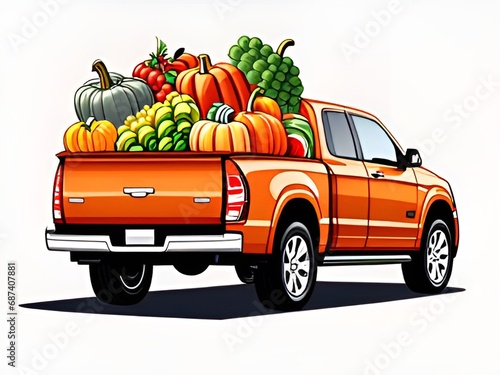 thanksgiving food drive food on the pick up red car issustration white background