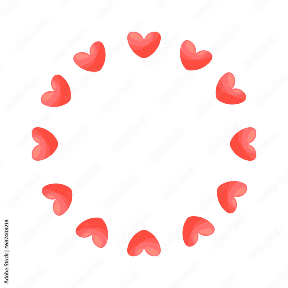 Wreath of hearts. Round pattern of hearts, vignette of pink hearts. Isolated design element for Valentine's day. Vector flat illustration for greeting card, banner, social media design. Wreath of hearts. Round pattern of hearts, vignette of pink hearts. Isolated design element for Valentine's day. Vector flat illustration for greeting card, banner, social media design.