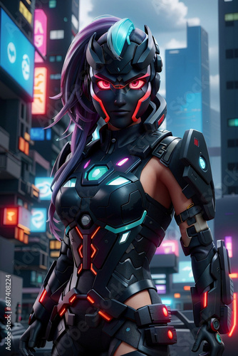 Stunning female avatar designed for the metaverse or cyberpunk genre, adorned in a futuristic metallic suit. cyber punk 3d portrait