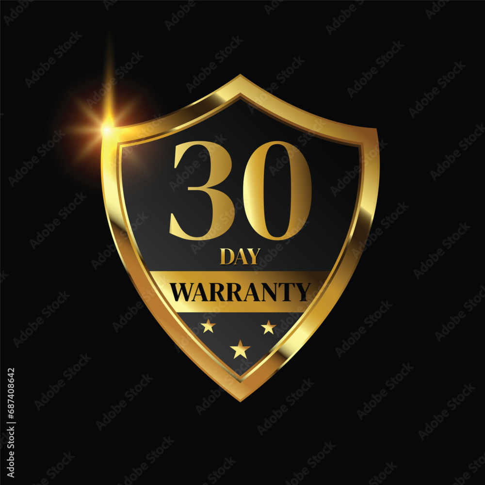 30 day warranty logo with golden shield and golden ribbon.Vector illustration. 30 day warranty logo with golden shield and golden ribbon.Vector illustration.
