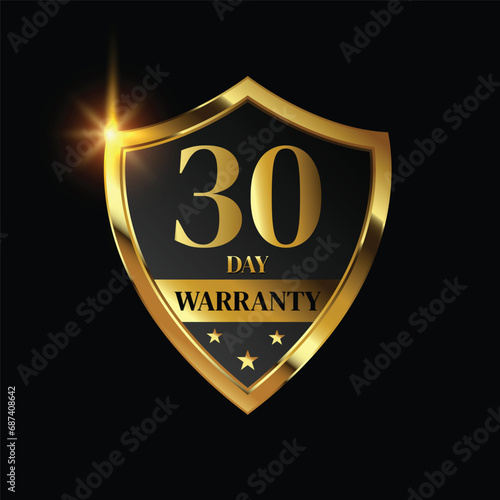 30 day warranty logo with golden shield and golden ribbon.Vector illustration.