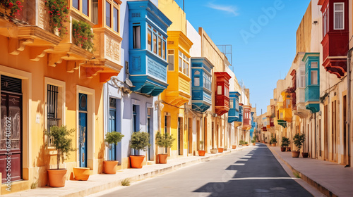 Valletta Maltese traditional colorful houses with balconies narrow city streets at sunny day. Travel concept photo