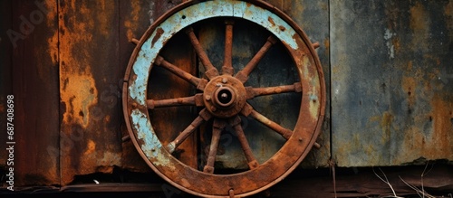 Rusty wheel on abandoned shelter door