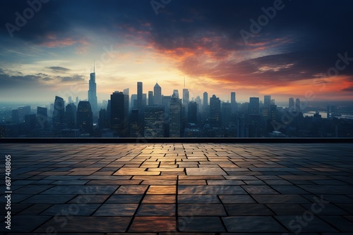 Empty brick floor with city skyline background, Generative AI