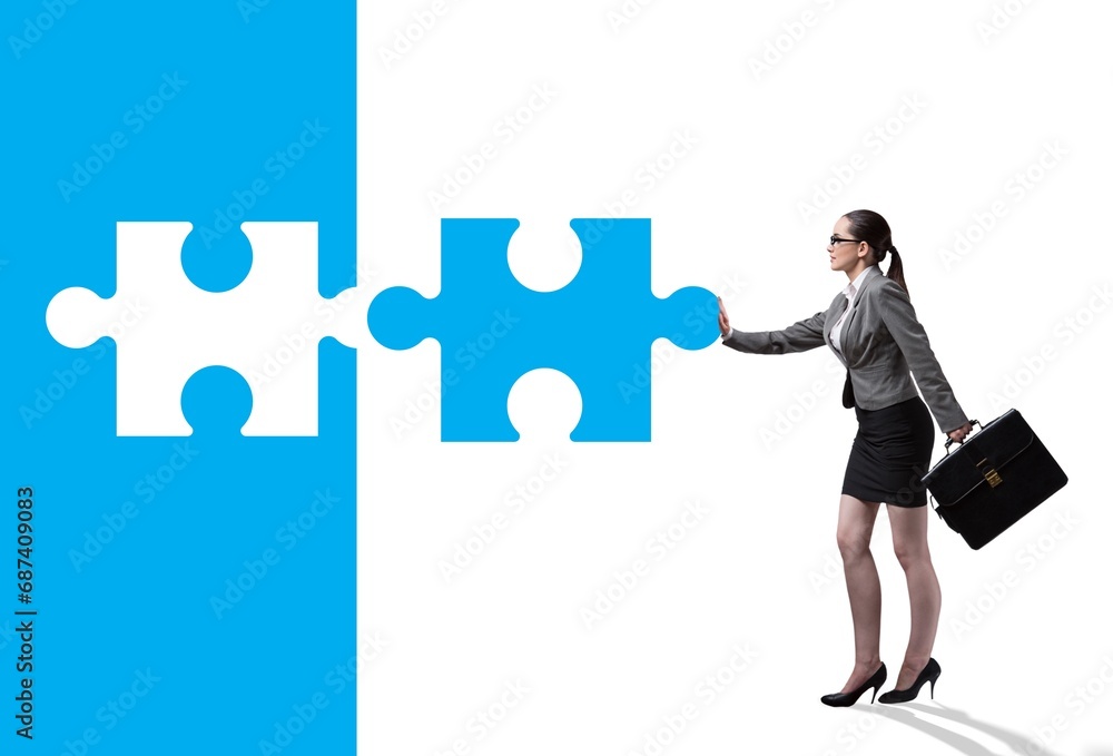 Fototapeta premium Concept of businesswoman with missing jigsaw puzzle piece