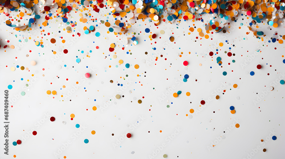 Coloured confetti and streamers as a white New Year's background