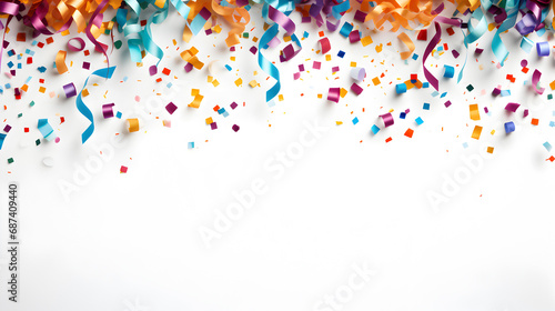 Coloured confetti and streamers as a white New Year's background