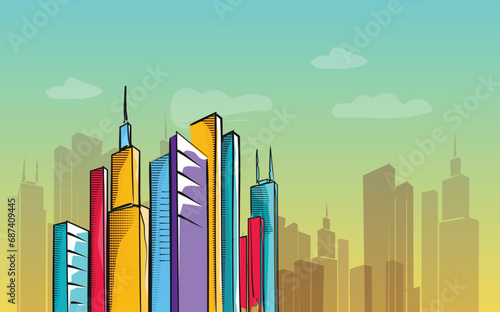 City skyline in pop art style for background illustration and image