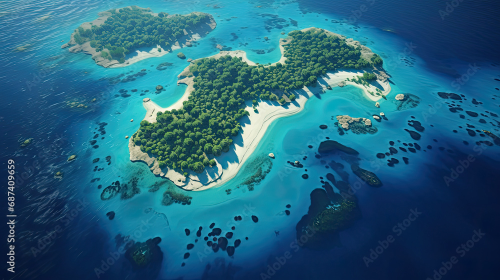 aerial view small island, white sandy beach and blue transparent water
