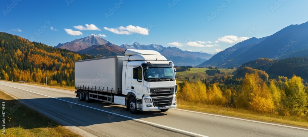 Obraz premium Delivery truck at autumn mountain valley journey. Cargo courier transport concept. Generative AI technology. 