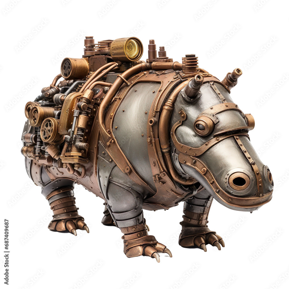 angled view of steampunk style Hippopotamus animal isolated on a white isolated background. angled view of steampunk style Hippopotamus animal isolated on a white isolated background.