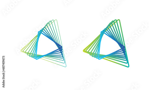 Set of abstract swirling symbols. Twisted wireframe tunnel. Curved blue shape. Technology glowing colored triangles.
