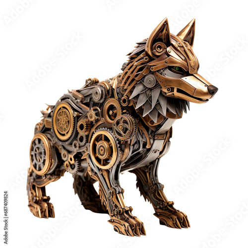 angled view of steampunk style Wolf animal isolated on a white isolated background. © SuperPixel Inc