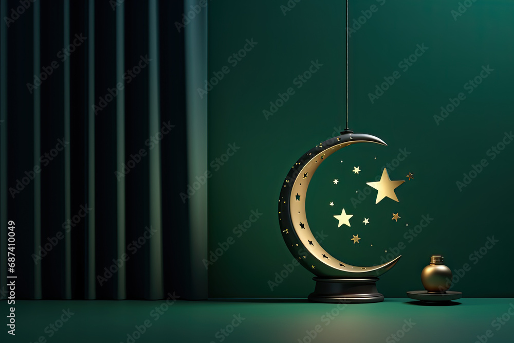 stars with crescent and moon on green background. ramadan kareem concept