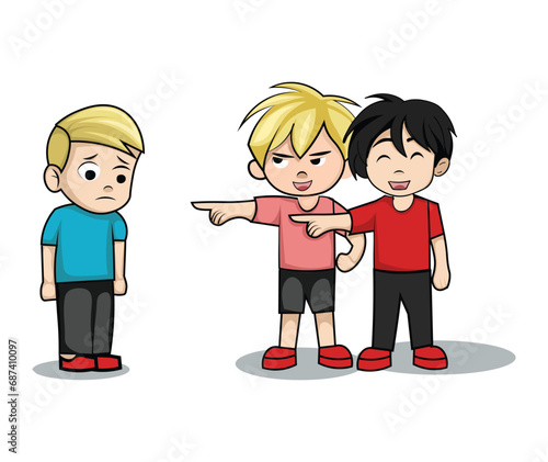 Vector depicts a disheartening scene where a young individual, ostensibly a friend, engages in hurtful behavior towards another. The visual narrative communicates the complexities of social dynamics.
