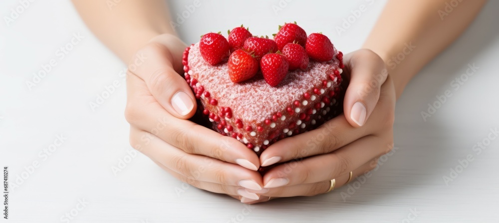 Hands holding heart shape cake. Generative AI technology. Hands holding heart shape cake. Generative AI technology.