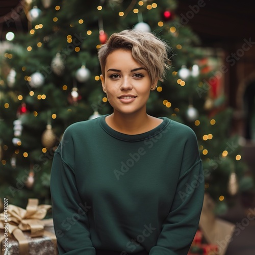 Girl green gilden christmas sweatshirt mockup, green women sweatshirt mockup, Generative Ai photo