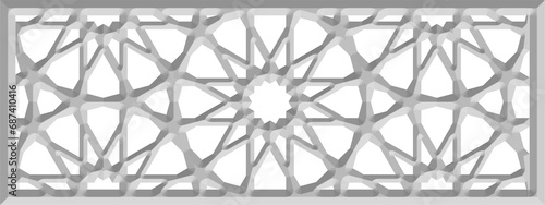 Arabic girih, geometric 3d polygonal ornament based on traditional islamic art. Muslim mosaic wall screen. Arabian tile isolated on a white background. Turkish decorative interior panel. Illustration photo