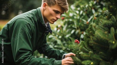 Young man inspecting Christmas trees at outdoor farm for perfect height, shape, and fullness photo