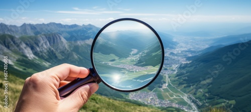 Magnifying glass pointing at valley nature background. Generative AI technology.