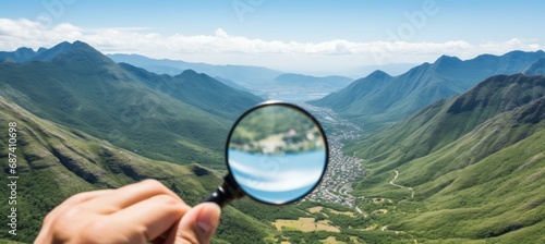 Magnifying glass pointing at valley background. Generative AI technology.