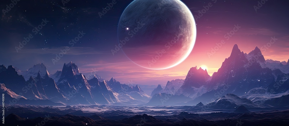 Extraterrestrial peaks with celestial scenery and massive sphere