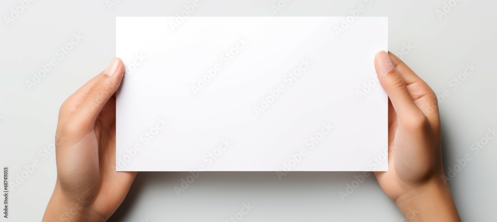 Hands holding paper on white background. Copy scape for text. Generative AI technology. Hands holding paper on white background. Copy scape for text. Generative AI technology.