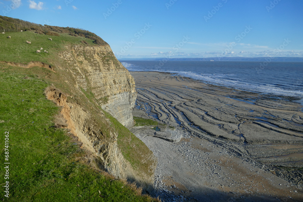 Southerndown Heritage Coast with Jurassic limestone pavement with fossils, Vale of Glamorgan, South Wales, Great Britain