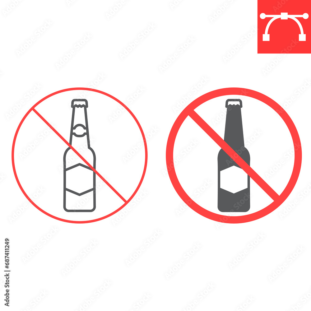 No alcohol line and glyph icon, prohibition and forbidden, no drinking sign, vector graphics, editable stroke outline sign, eps 10. No alcohol line and glyph icon, prohibition and forbidden, no drinking sign, vector graphics, editable stroke outline sign, eps 10.