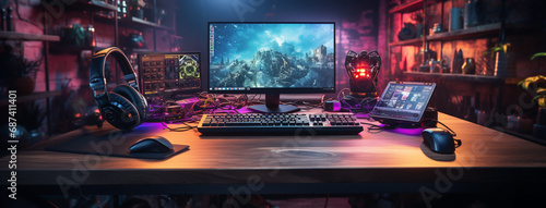Wide gaming console table image with colorful neon busy room background and pc computer screens with headphones and accessories around photo