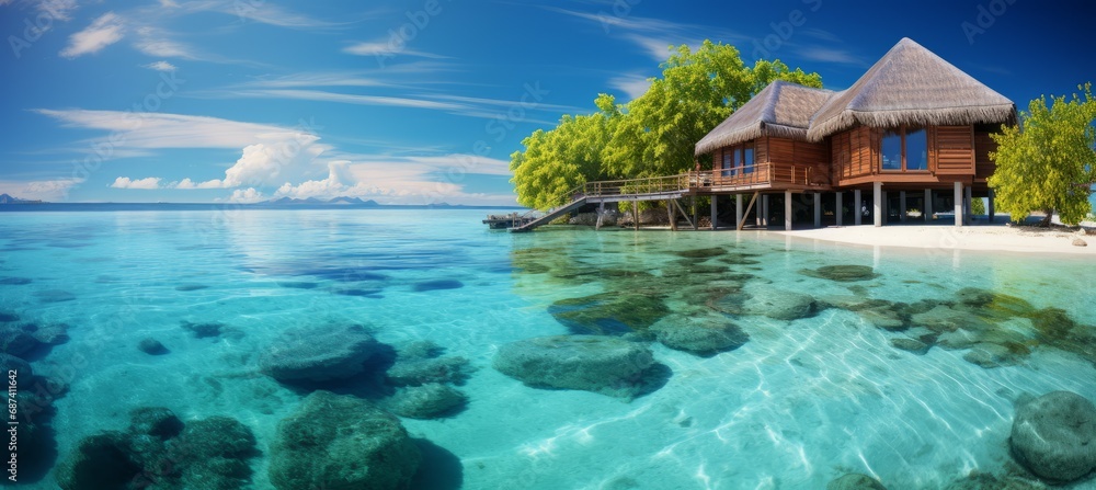Beach villa resort. Tropical island sea water. Generative AI technology.	
