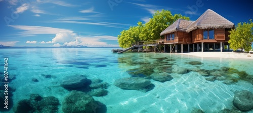 Beach villa resort. Tropical island sea water. Generative AI technology.   © Hero Design