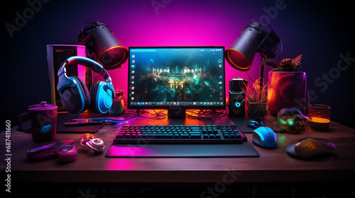 Wide gaming console table image with colorful neon busy room background and pc computer screens with headphones and accessories around photo
