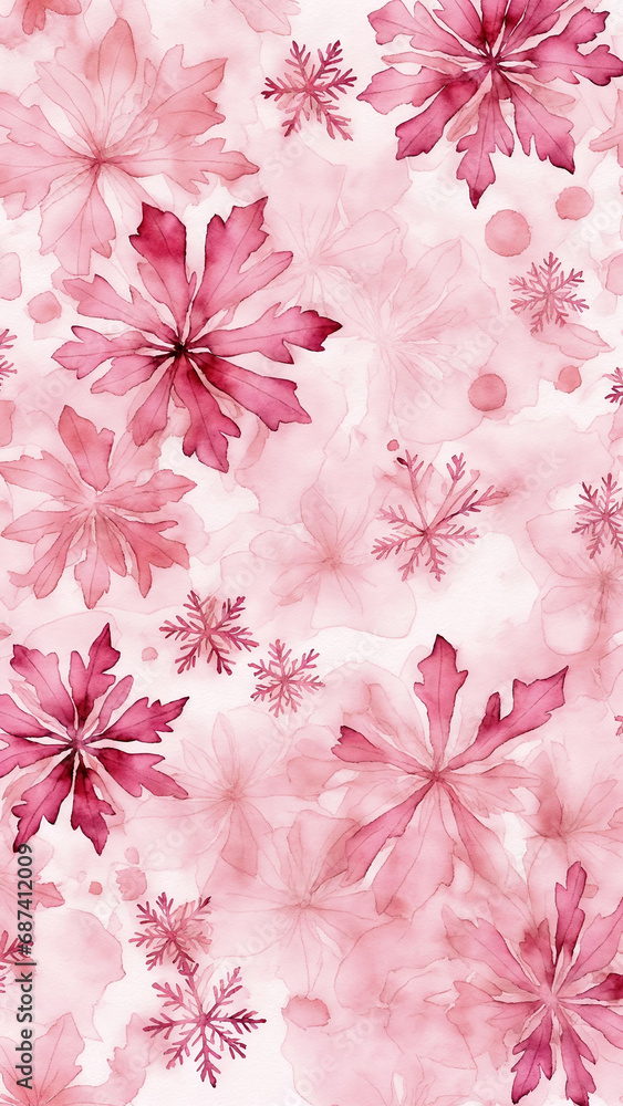 Abstract background of white snowflakes on pink watercolor background. Generative AI.